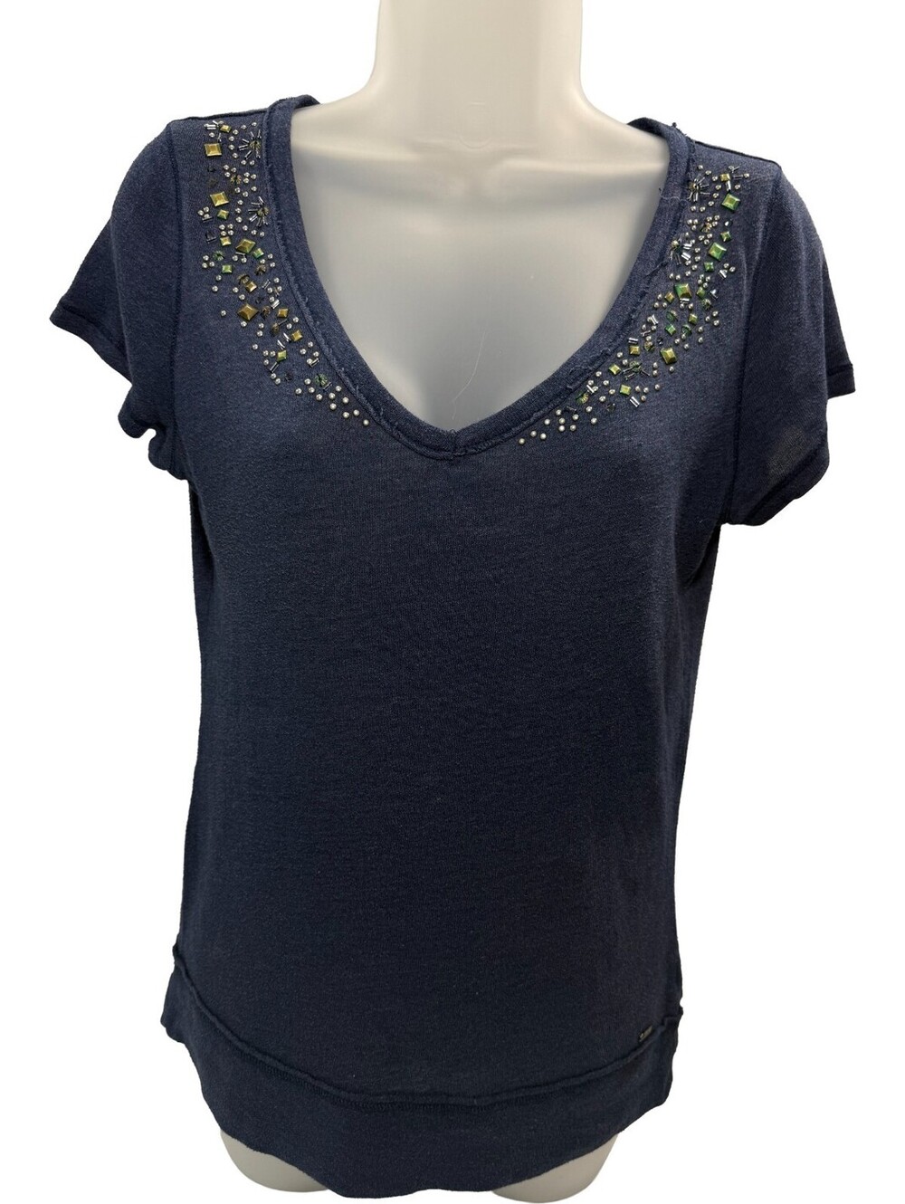 AEROPOSTALE Womens Large V-Neck Beaded T-Shirt Navy Blue Tee Green Gold Silver
